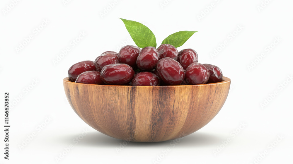 Obraz premium A wooden bowl filled with fresh, shiny red olives, topped with green leaves, showcasing a vibrant and natural presentation.