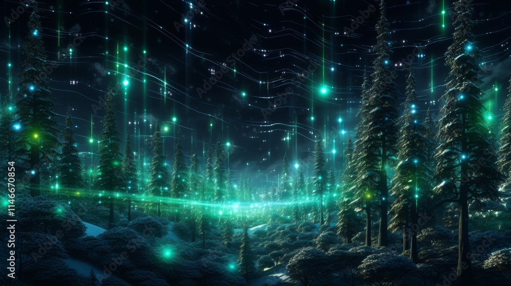 Obraz premium Christmas forest, trees with glowing digital neural networks