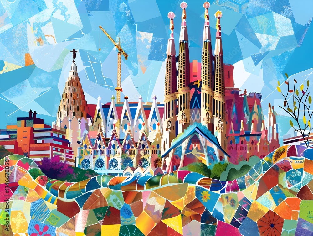 Obraz premium Colorful artistic representation of a famous basilica with a vibrant backdrop in a city