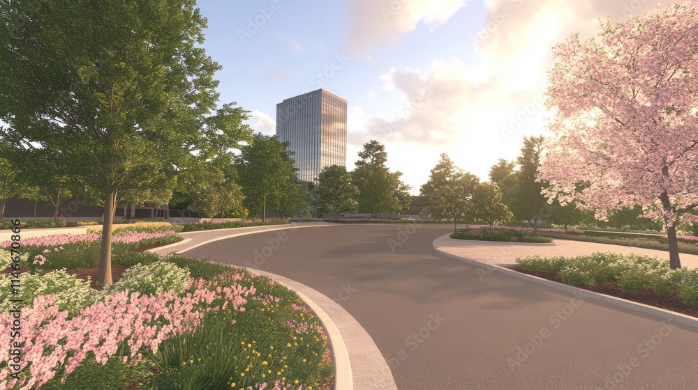 Serene Urban Park Pathway with Modern Building View Serene Urban Park Pathway with Modern Building View