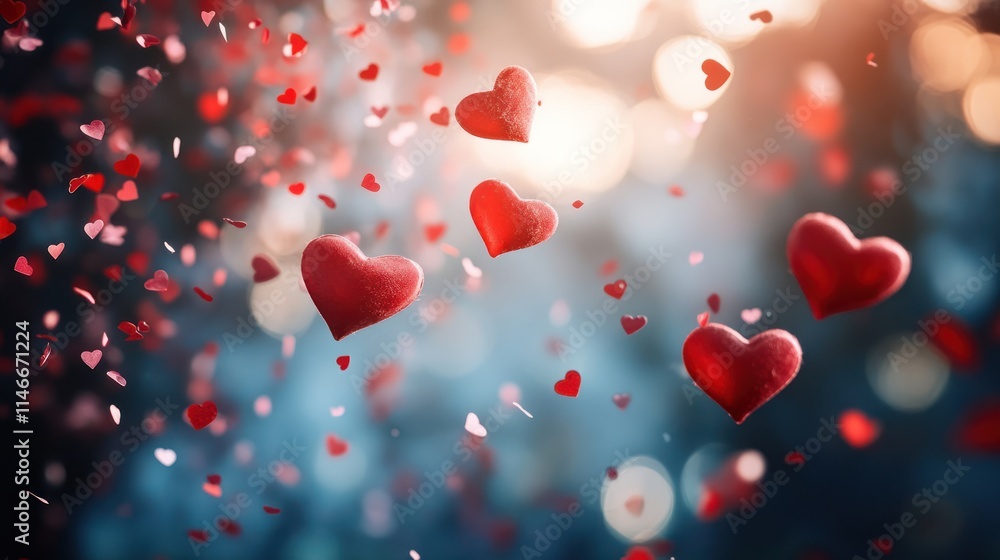 Falling hearts and confetti. Falling hearts and confetti.
