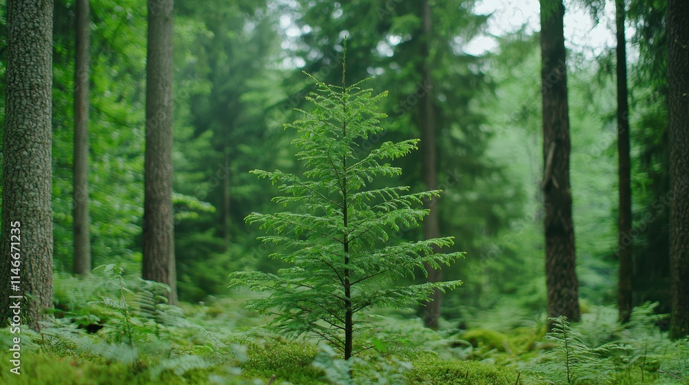 Carbon neutral sustainability and reduction. A small tree stands out among tall trees in a lush, green forest setting. Carbon neutral sustainability and reduction. A small tree stands out among tall trees in a lush, green forest setting.