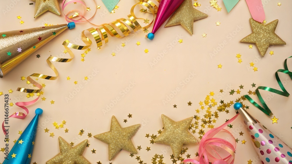 Obraz premium A festive New Year's Eve scene various party decorations scattered across light background