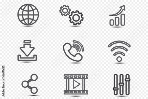 Set of Black Outline Icons for Technology, Communication, and Media on Transparent Background