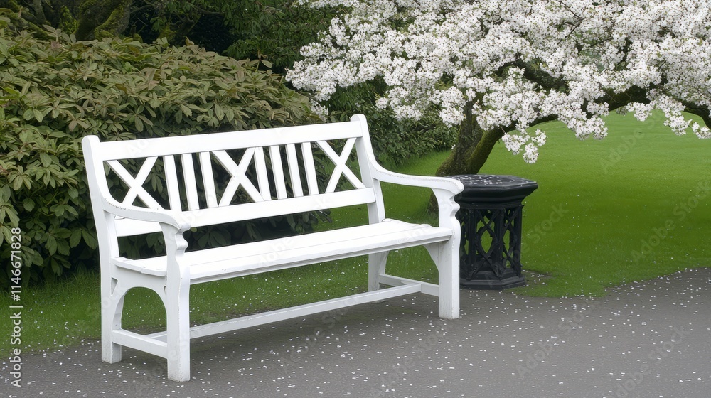 Serene White Bench Under Blooming Cherry Tree in Garden Serene White Bench Under Blooming Cherry Tree in Garden