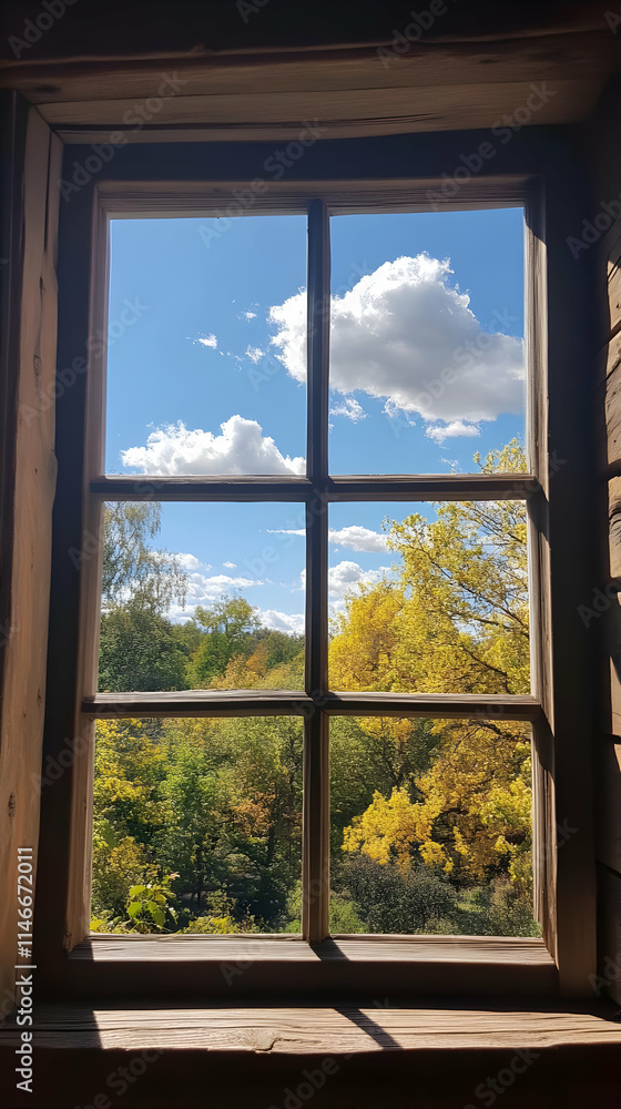Fototapeta premium A serene view of colorful autumn foliage through a rustic window frame.