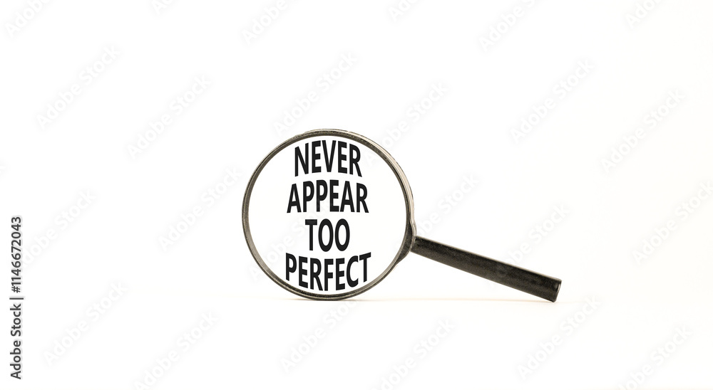 Never appear too perfect symbol. Concept words Never appear too perfect on beautiful magnifying glass. Beautiful white table white background. Business and never appear too perfect concept. Copy space Never appear too perfect symbol. Concept words Never appear too perfect on beautiful magnifying glass. Beautiful white table white background. Business and never appear too perfect concept. Copy space