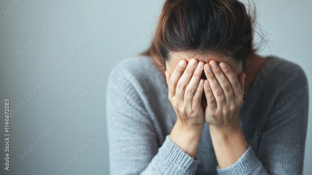 A woman covers her face with her hands, expressing deep emotion, possibly sadness or distress, against a muted background. A woman covers her face with her hands, expressing deep emotion, possibly sadness or distress, against a muted background.