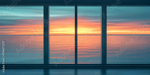 A serene sunset view through large windows, reflecting calm waters and vibrant skies.