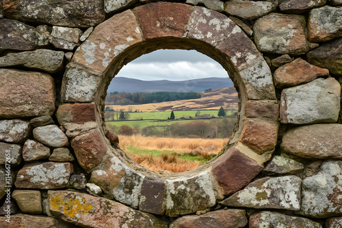 A circular stone window frames a picturesque landscape of rolling hills and greenery.