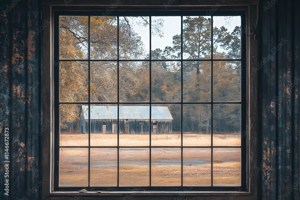 Fototapeta premium A view through a rustic window showcasing a weathered barn in a tranquil landscape.