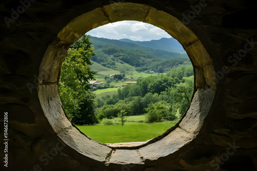 A circular stone window frames a lush green landscape with rolling hills and distant mountains.