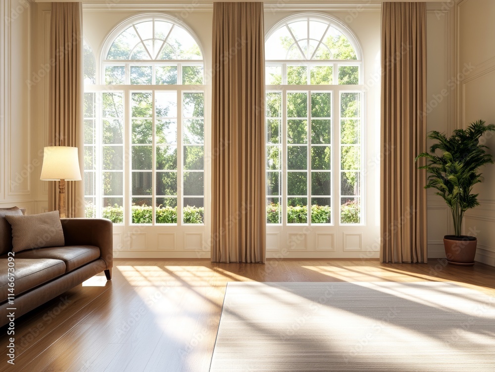 A bright living room with large windows, curtains, a couch, and a potted plant. A bright living room with large windows, curtains, a couch, and a potted plant.