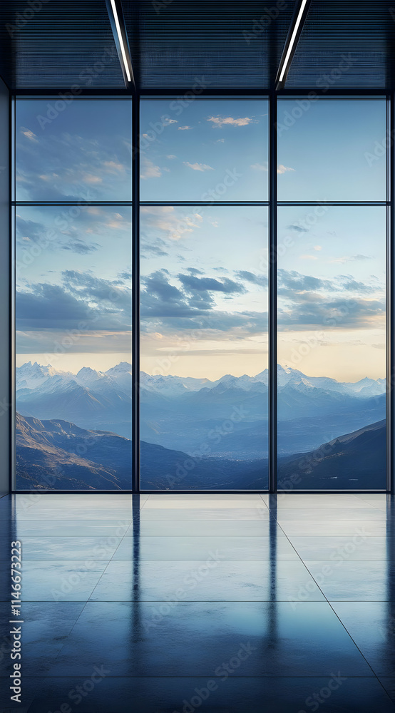 Fototapeta premium A modern interior with large windows showcasing a stunning mountain landscape at sunset.