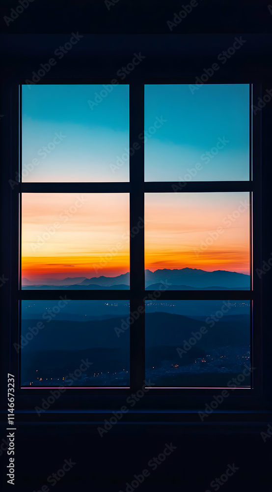Fototapeta premium A serene sunset view framed by a window, showcasing mountains and colorful sky.