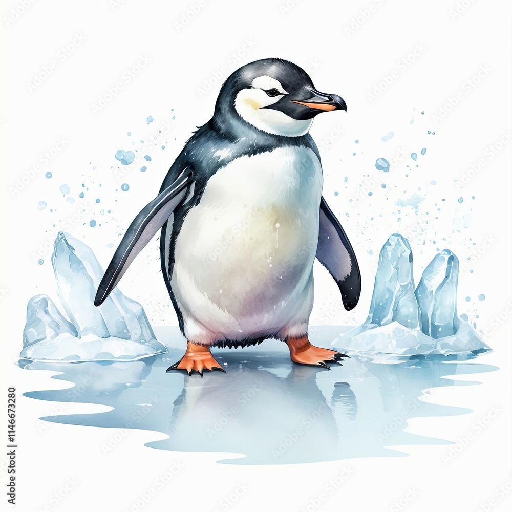 Fototapeta premium A charming watercolor painting of a penguin standing on a patch of ice, surrounded by melting ice shards. The penguin's fluffy feathers and the icy blue tones create a serene winter scene.
