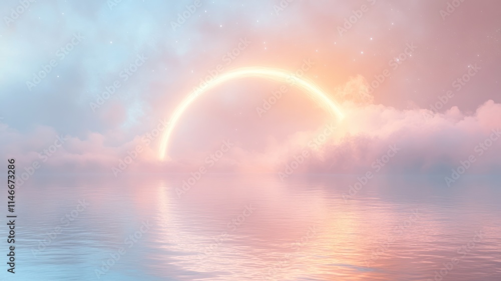 Pastel sky, glowing arc over calm water, clouds. Pastel sky, glowing arc over calm water, clouds.