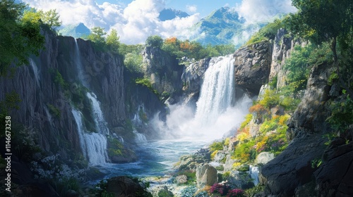 majestic waterfall in lush mountain valley serene nature scene t