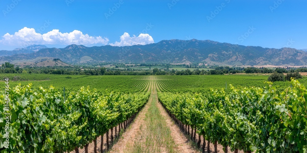 Fototapeta premium A picturesque vineyard stretches towards distant mountains under a bright blue sky, showcasing lush green grapevines in neat rows.