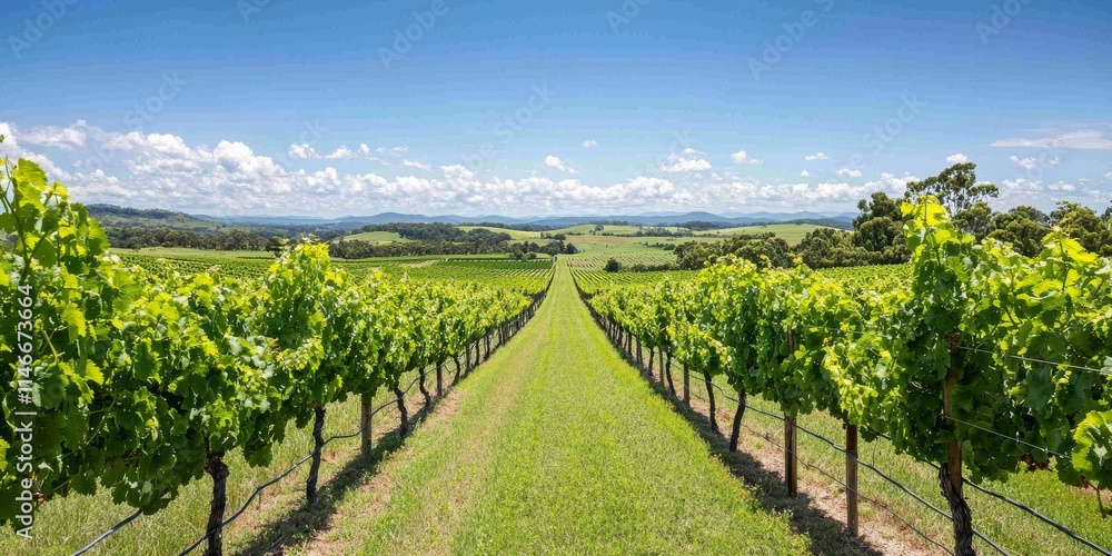A picturesque vineyard stretches into the distance under a clear blue sky, showcasing rows of lush green grapevines and rolling hills. A picturesque vineyard stretches into the distance under a clear blue sky, showcasing rows of lush green grapevines and rolling hills.