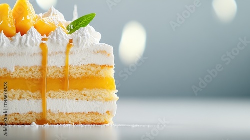 Close up of a Delicious Mango Cake Slice with Whipped Cream and a Mint Garnish