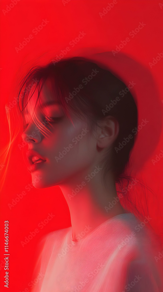A profile of a woman against a red background, evoking emotion and mood. A profile of a woman against a red background, evoking emotion and mood.