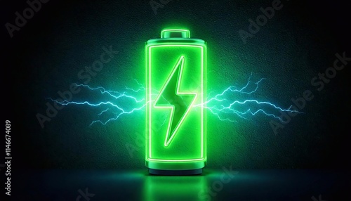 Vivid green neon battery design featuring a thunderstorm icon illuminating a dark space