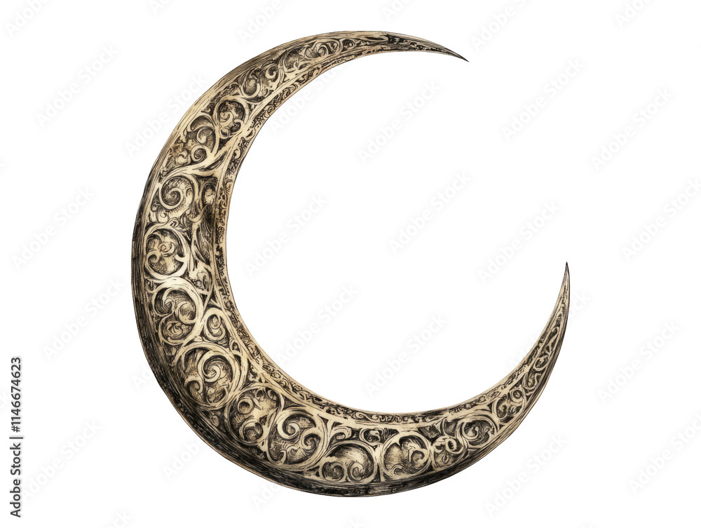 Ornate Crescent Moon with Intricate Patterns on Transparent Background Ornate Crescent Moon with Intricate Patterns on Transparent Background
