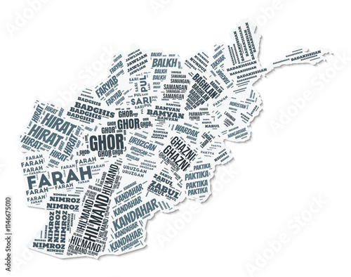 Afghanistan shape text cloud. Country border with shadow on white background. Afghanistan with regions division in vintage gazette style. Artistic vector illustration.