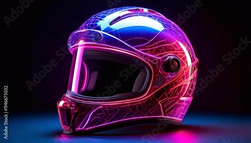 A colorful helmet showcases neon designs, highlighting its unique features under bright lights photo