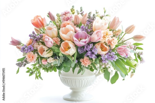 Wallpaper Mural Elegant mixed pastel colored spring bouquet in white vase on white background. Spring flowers. Tulips bouquet.  Torontodigital.ca