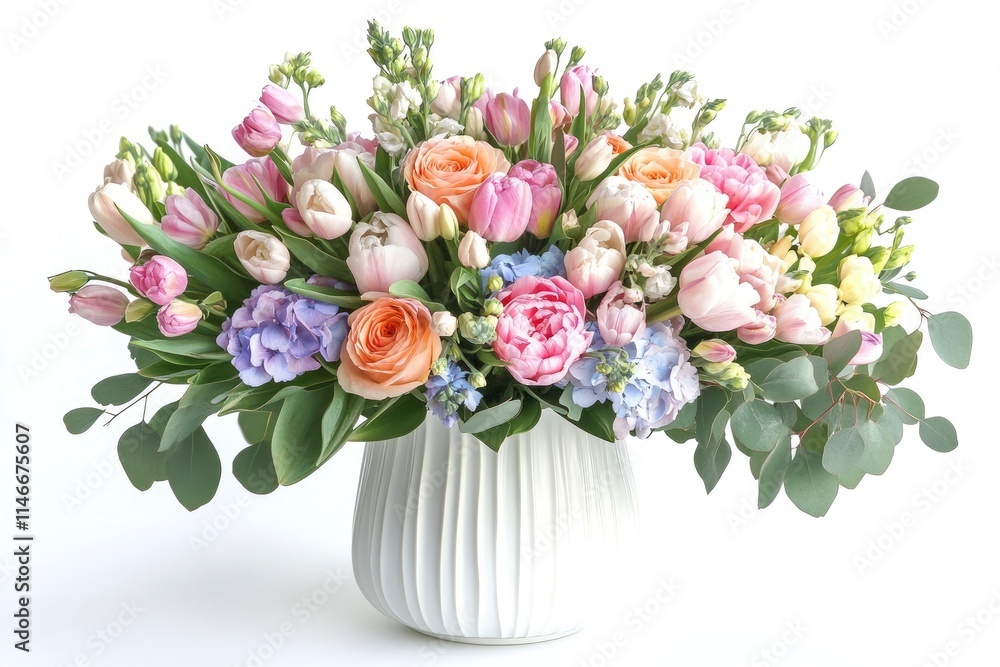 Obraz premium Elegant mixed pastel colored spring bouquet in white vase on white background. Spring flowers. Tulips bouquet. 