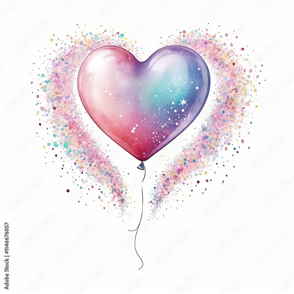 A whimsical illustration of a heart-shaped balloon, adorned with pastel colors and sparkling glitter trails, evokes a feeling of joy and celebration. A whimsical illustration of a heart-shaped balloon, adorned with pastel colors and sparkling glitter trails, evokes a feeling of joy and celebration.