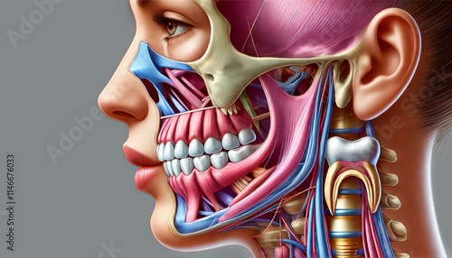 Digital illustration of a human jaw with color-coded sections showing the lower jaw, TMJ joint, and dental structure for anatomy education. photo