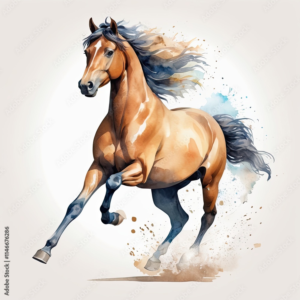 Naklejka premium A majestic chestnut horse with a flowing mane gallops across a watercolor-esque background, its powerful movement captured in a stunning display of artistry.