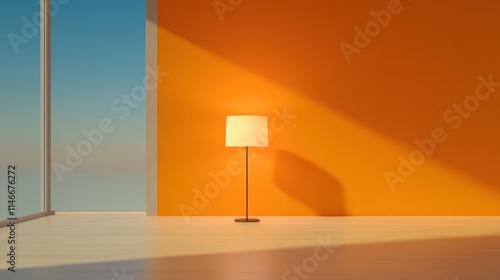 Cozy Corner: 3D Render of a Room with Warm Lamp Lighting photo