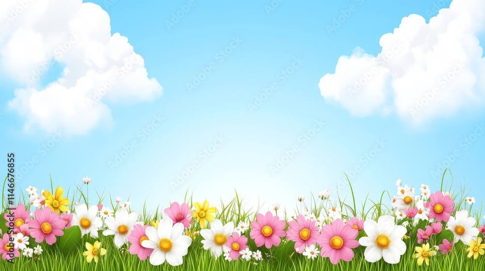 Spring Meadow with Blooming Flowers under Blue Sky Spring Meadow with Blooming Flowers under Blue Sky