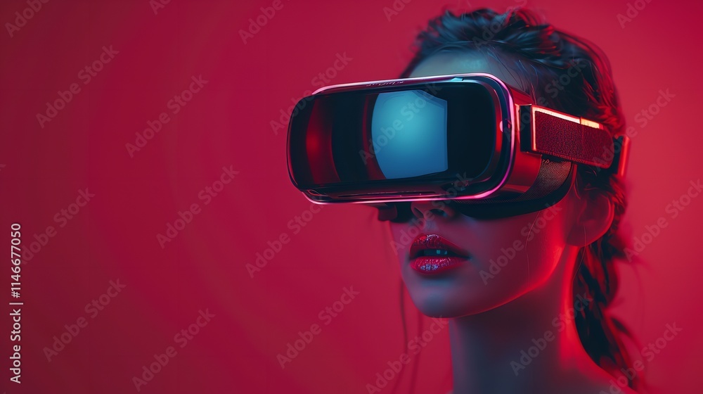 vr headset, Young woman, a virtual reality device, a solid pink background, Generative Ai. vr headset, Young woman, a virtual reality device, a solid pink background, Generative Ai.