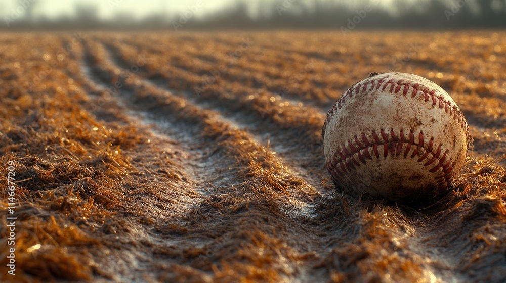 A weathered baseball resting on a muddy field, evoking nostalgia for the sport. A weathered baseball resting on a muddy field, evoking nostalgia for the sport.