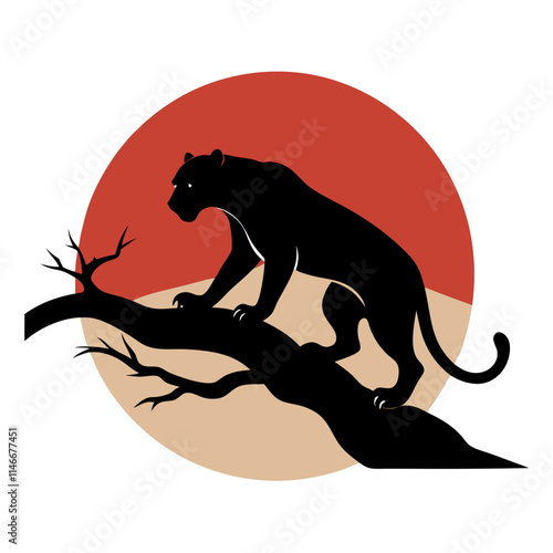 a black panther crawled down from the tree wanting to pounce, full body, dynamic gesture , good animal anatomy, silhouerre on retro vintage background vector art illustration t-shirt design art