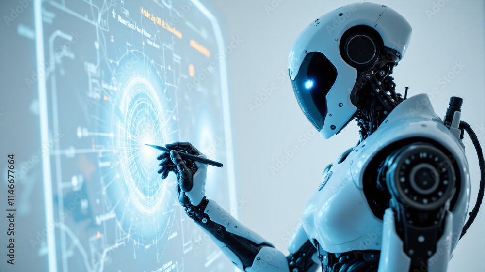 Obraz premium A futuristic robot interacting with advanced technology, showcasing innovation in artificial intelligence.