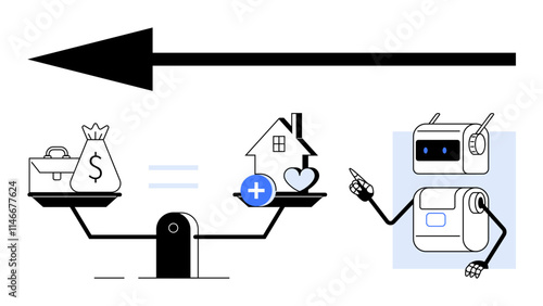 Scales balancing money and lifestyle elements with robot delivering insight. Ideal for fintech, AI, finance, real estate, health, technology, modern living themes. Line metaphor