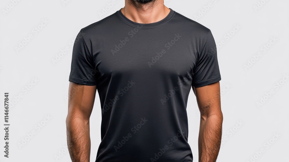 Man wearing plain black t-shirt against white background. Man wearing plain black t-shirt against white background.