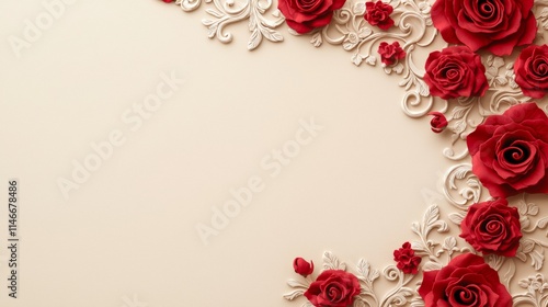 Fototapeta Naklejka Na Ścianę i Meble -  Romantic Red Roses Ornate Frame Valentine's Day Background