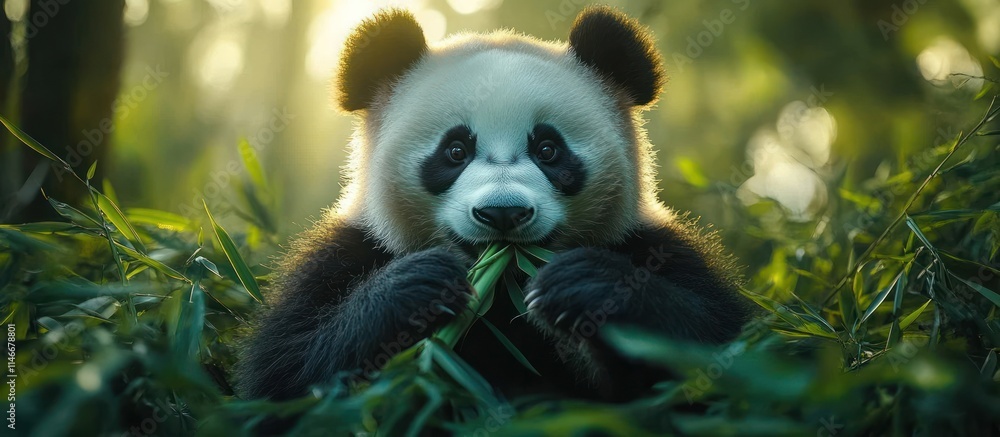 Adorable panda bear eating bamboo in a lush forest. Adorable panda bear eating bamboo in a lush forest.