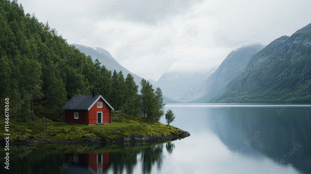 Fototapeta premium Serene Red Cabin by Calm Lake Majestic Mountain Landscape