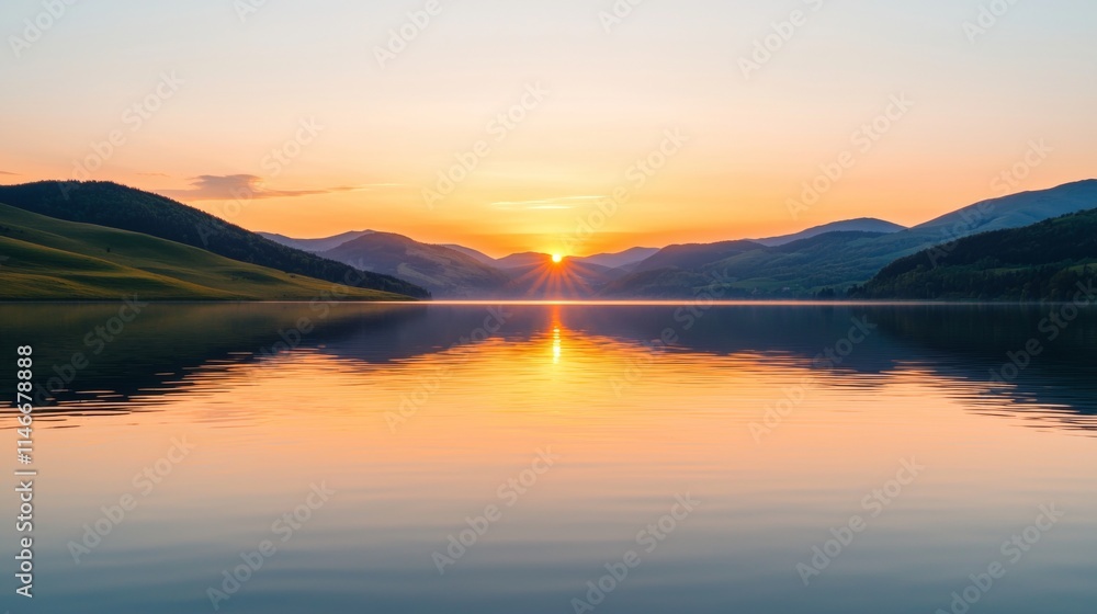 Serene Sunset Lake Landscape Calm Waters Mountains Golden Hour Serene Sunset Lake Landscape Calm Waters Mountains Golden Hour