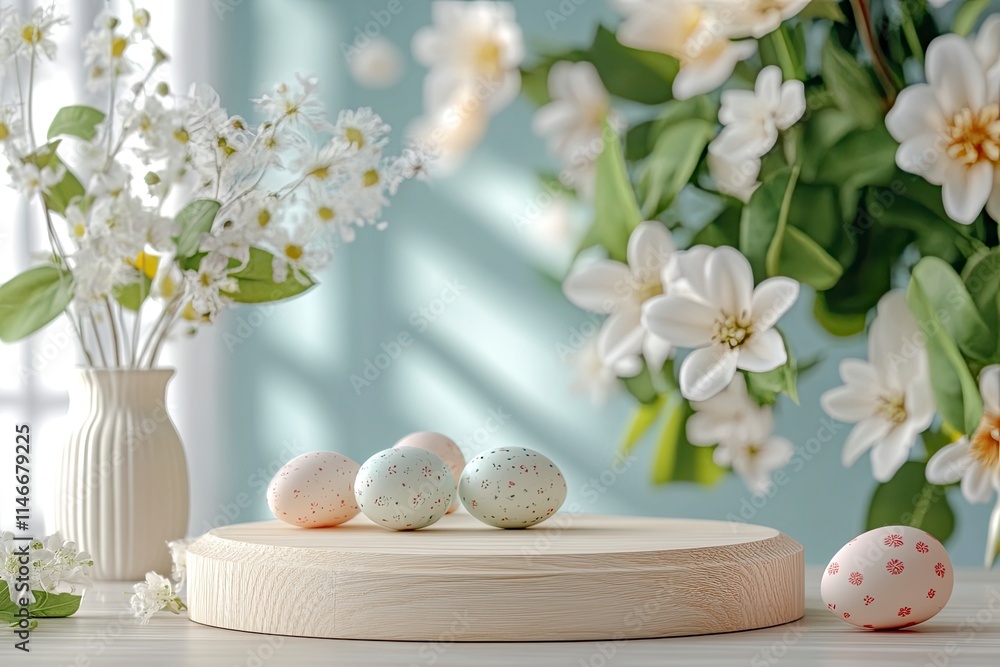 Empty round wooden podium for product presentation with spring flowers and easter eggs on light background Empty round wooden podium for product presentation with spring flowers and easter eggs on light background