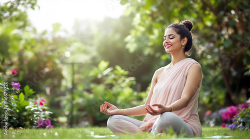 indian young woman meditating peaceful garden nature mindfulness relaxation yoga wellness inner peace spiritual balance outdoor calmness tranquility photo