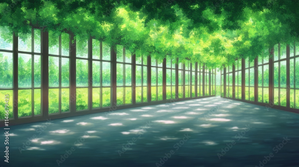 Sunlit Glass Corridor Under Lush Green Canopy Sunlit Glass Corridor Under Lush Green Canopy